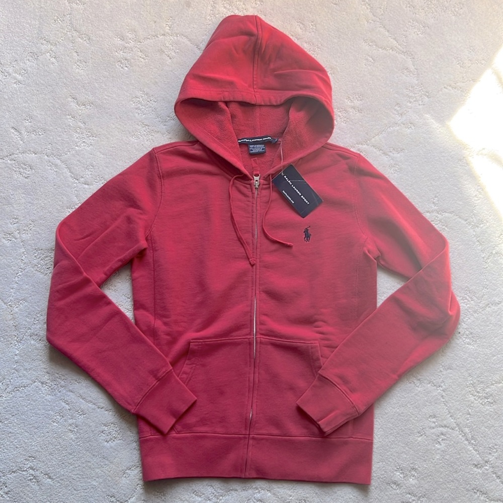 NWT Ralph Lauren Salmon Red Zip Up Hoodie w/Navy Blue Embroidered Pony of front